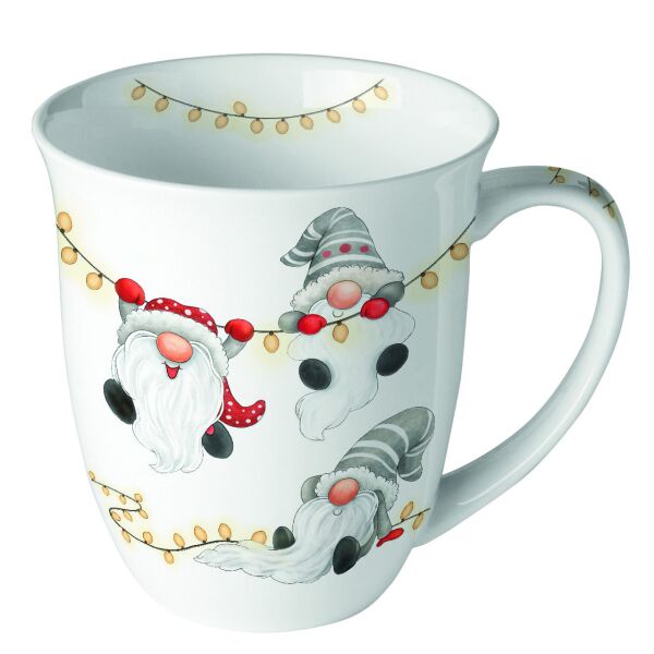 Weihnachten Becher 0,4 l Gnomes on the light chain white  Weihnachtsgnome Zwerge Wichtel Lichterkette