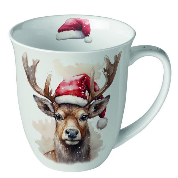 Weihnachten Becher 0,4 l Deer with Santa hat white  Hirsch mit Weihnachtsmütze