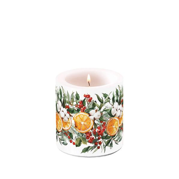 Weihnachten Kerze klein Ø 7,5 cm x 9 cm Winter oranges  Orangen Ilex Weihnachtskranz
