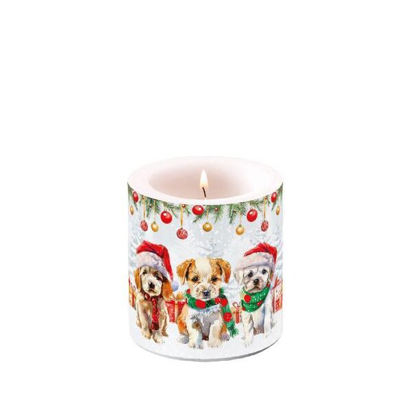 A-2026 Weihnachten Kerze klein Ø 7,5 cm x 9 cm Funny cute puppies  Hundewelpen Schnee Kugeln Geschenke