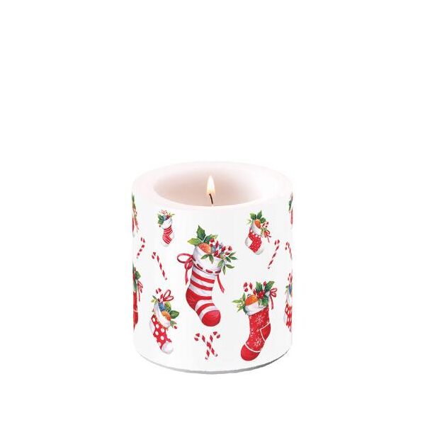 Weihnachten Kerze klein Ø 7,5 cm x 9 cm X-Mas stockings white  Weihnachtsstiefel Zimtstange Nikolaus