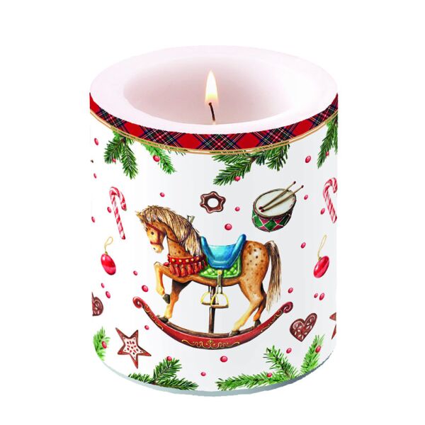 Weihnachten Kerze medium Ø 10 cm x 10 cm Classic rocking horse white  Schaukelpferd Weihnachtssymbole
