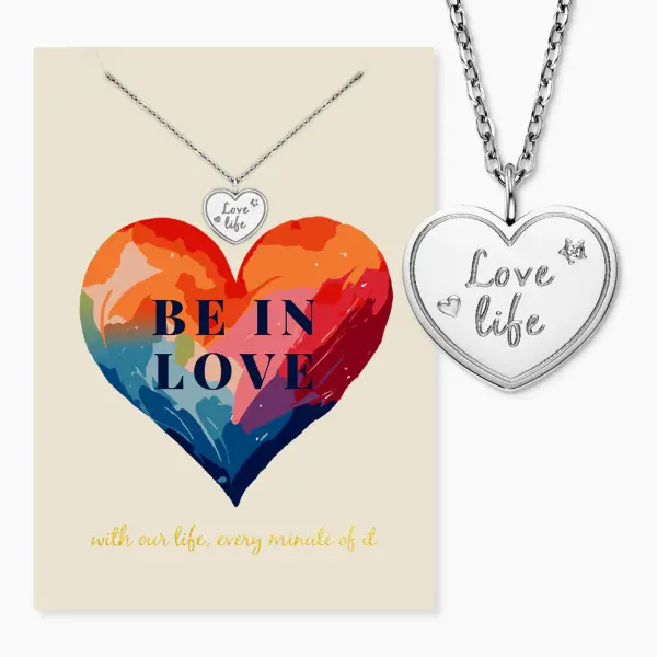 Grußkarte Love mit Halskette Edelstahl Silber und Umschlag Engelsrufer be in love