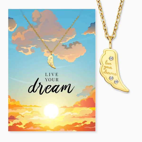 Grußkarte Live Your Dream mit Halskette Edelstahl Gold und Umschlag Engelsrufer