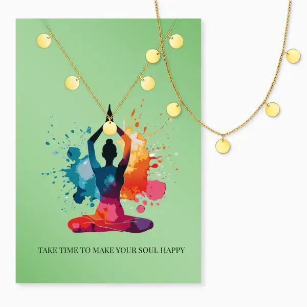 Grußkarte Happy Soul Yoga mit Halskette Edelstahl Gold und Umschlag Engelsrufer Take time to make your soul happy