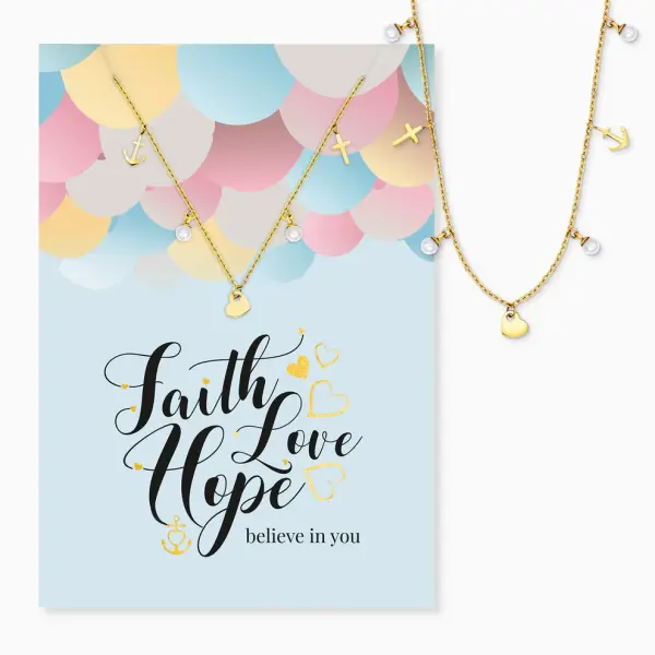 Grußkarte Faith Love Hope mit Halskette Edelstahl Gold und Umschlag Engelsrufer believe in you