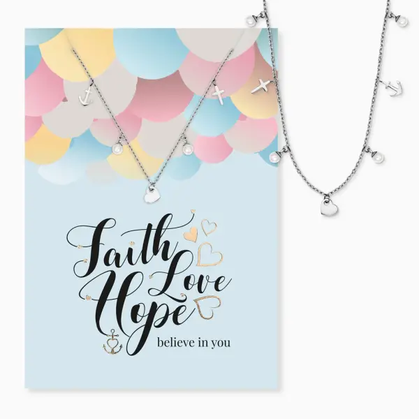 Grußkarte Faith Love Hope mit Halskette Edelstahl Silber und Umschlag Engelsrufer believe in you