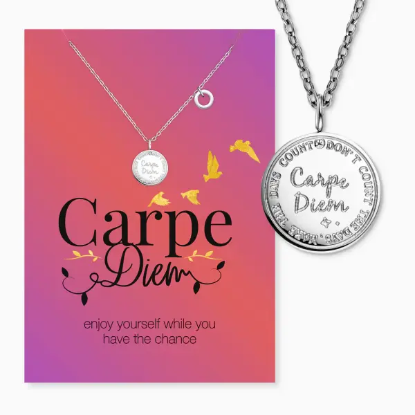 Grußkarte Carpe diem mit Halskette Edelstahl Silber und Umschlag Engelsrufer enjoy yourself