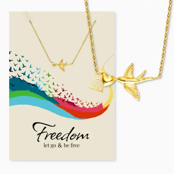 Grußkarte Freedom mit Halskette Edelstahl Gold und Umschlag Engelsrufer let go & be free