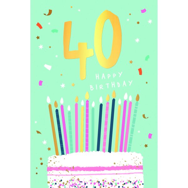 40. Geburtstag Happy Birthday Kerzen Kuchen Goldfolie Glückwunschkarte mit Umschlag