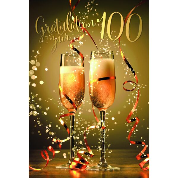 100. Geburtstag Gratulation zur 100 Sekt Luftschlangen Glückwunschkarte mit Umschlag