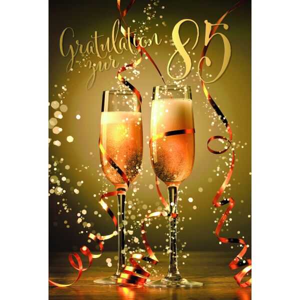 85. Geburtstag Gratulation zur 85 Sekt Luftschlangen Glückwunschkarte mit Umschlag