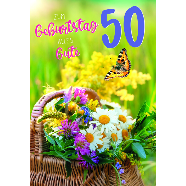 50. Geburtstag Sommer auf dem Land Alles Gute Blumenkorb Glückwunschkarte mit Umschlag