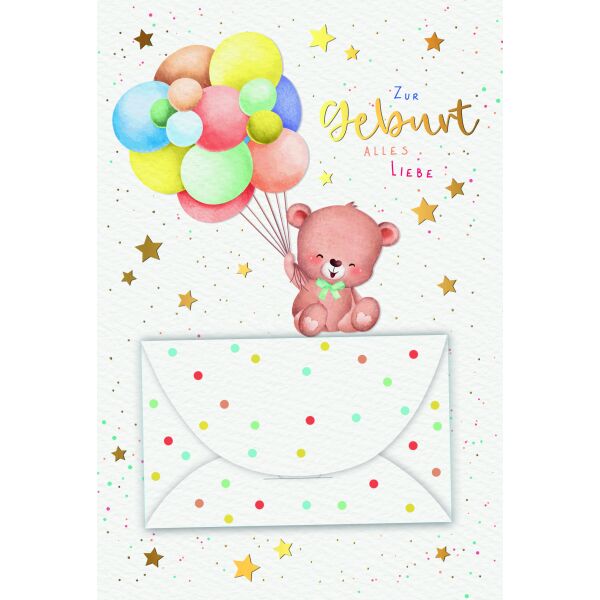Geburt Baby Geldkarte mit Geldkuvert Bär Luftballons Glückwunschkarte mit Umschlag