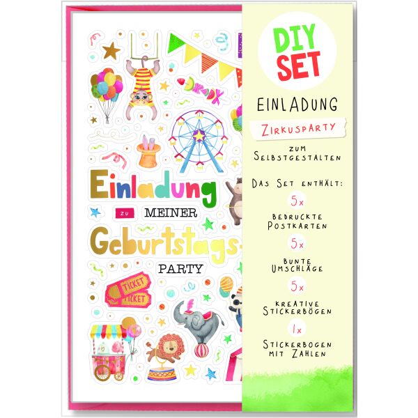 Einladungen Kindergeburtstag DIY Set 5 Postkarten 5 Umschläge Zirkus Einladungskarten zum Selbstgestalten