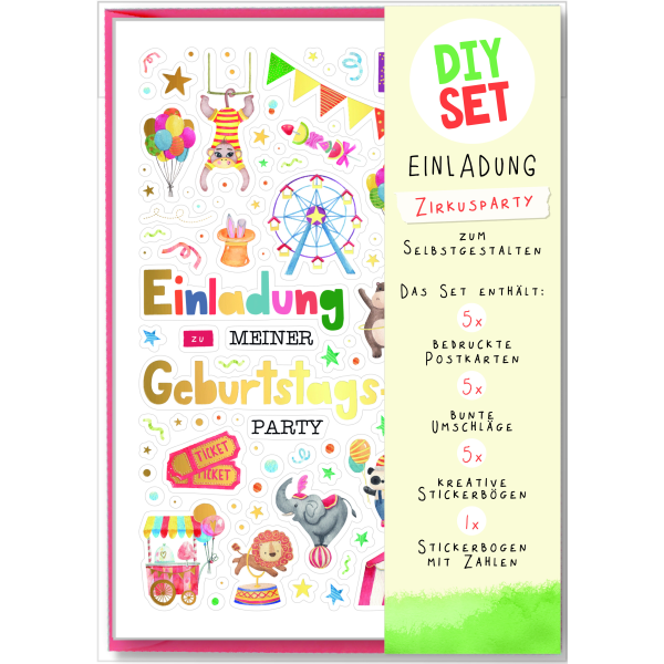 Einladungen Kindergeburtstag DIY Set 5 Postkarten 5 Umschläge Zirkus Einladungskarten zum Selbstgestalten