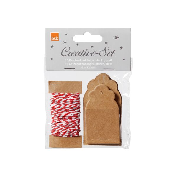 Geschenkanhänger blanko Creative-Set 30 Stück + Kordel 6m Bastelset naturbraun-rot