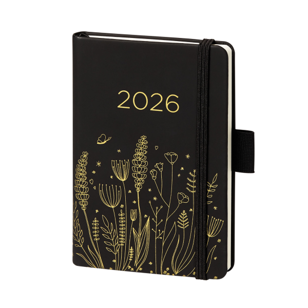 Kalender 2027 V-Book Buchkalender A6 Hardcover schwarz mit goldenen Blumen UVP: 11,49