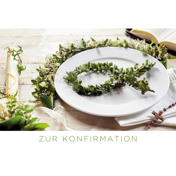 Konfirmation unverpackte Glückwunschkarte mit Umschlag Kerze Fisch gedeckter Tisch