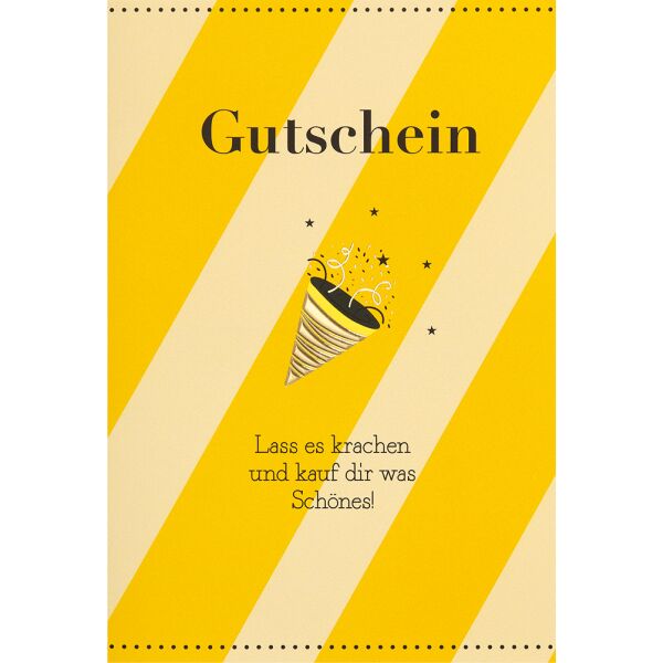 Gutschein unverpackte Glückwunschkarte mit Umschlag Lass es krachen und kauf Dir was Schönes