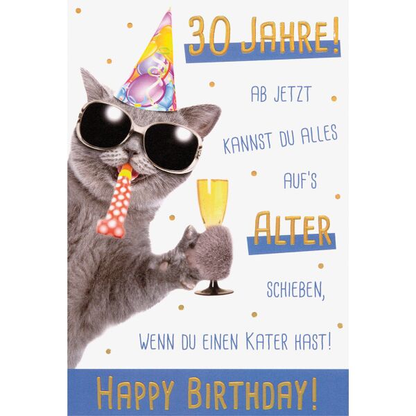 30. Geburtstag unverpackte Glückwunschkarte mit Umschlag Partykatze Auf das Alter schieben