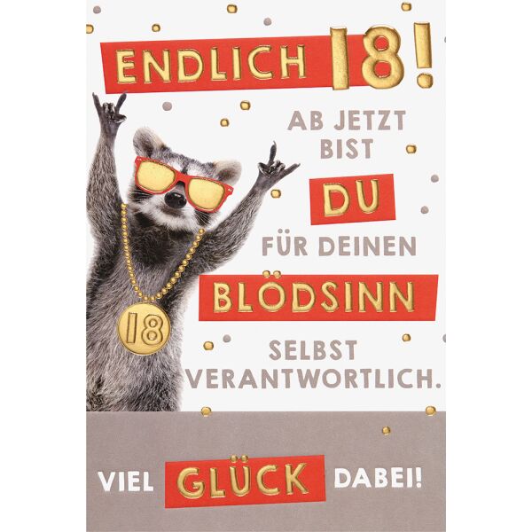 18. Geburtstag unverpackte Glückwunschkarte mit Umschlag Volljährigkeit Erdmännchen Rapper Blödsinn