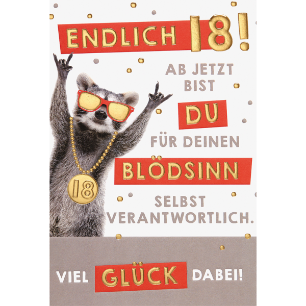 18. Geburtstag unverpackte Glückwunschkarte mit Umschlag Volljährigkeit Erdmännchen Rapper Blödsinn