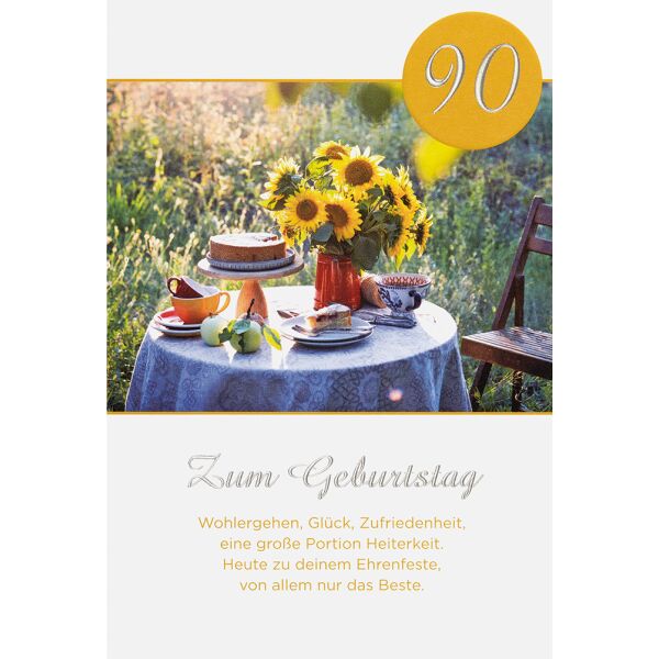 90. Geburtstag unverpackte Glückwunschkarte mit Umschlag Kuchentisch Glück Zufriedenheit Wohlergehen