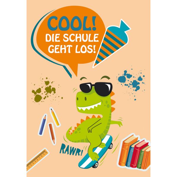 Schulanfang unverpackte Glückwunschkarte mit Umschlag Cool! Die Schule geht los! Dino
