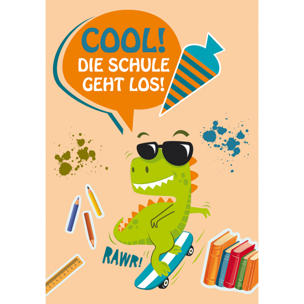 Schulanfang unverpackte Glückwunschkarte mit Umschlag Cool! Die Schule geht los! Dino