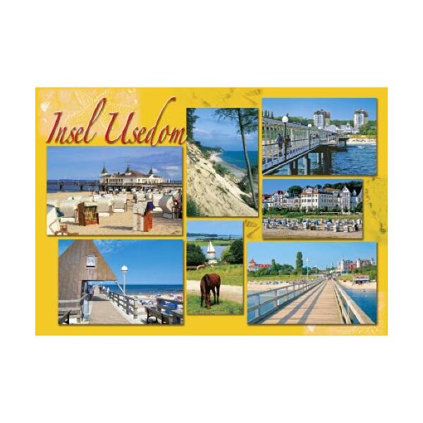 Insel Usedom Postkarte Ansichtskarte Ostseeinsel gelber Grund 7 Fotomotive