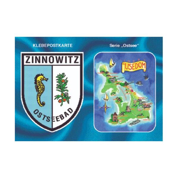Zinnowitz Klebekarte Postkarte mit Aufkleber Autoaufkleber Wappen & Landkarte Ostseebad Usedom