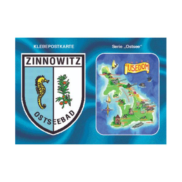 Zinnowitz Klebekarte Postkarte mit Aufkleber Autoaufkleber Wappen & Landkarte Ostseebad Usedom