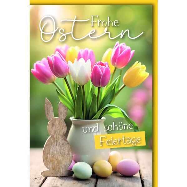 Ostern Grußkarte mit Umschlag Tulpen und Holzhase Frohe Ostern schöne Feiertage