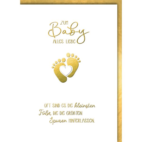 Geburt Baby Glückwunschkarte mit Umschlag goldene Babyfüße kleinste Füße große Spuren