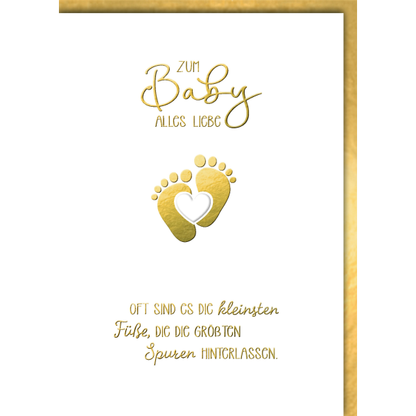 Geburt Baby Glückwunschkarte mit Umschlag goldene Babyfüße kleinste Füße große Spuren