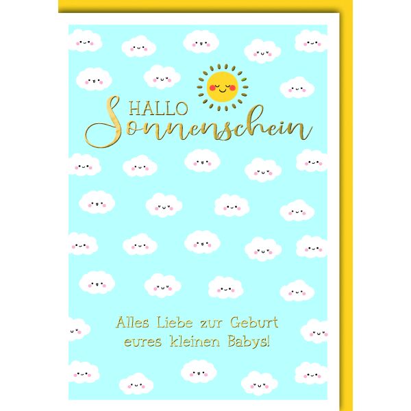 Geburt Baby Glückwunschkarte mit Umschlag weiße Wolken und Sonne Hallo Sonnenschein