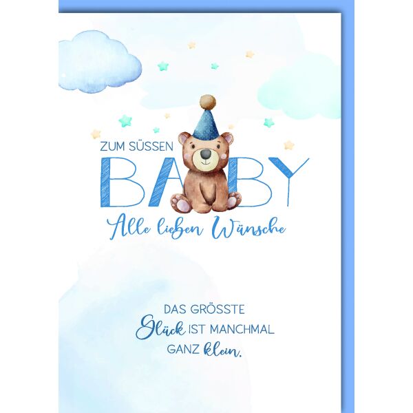 Geburt Baby Junge Glückwunschkarte mit Umschlag Teddy Bommelmütze größte Glück ganz klein