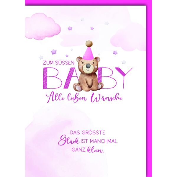 Geburt Baby Mädchen Glückwunschkarte mit Umschlag Teddy Bommelmütze grösste Glück manchmal ganz klein