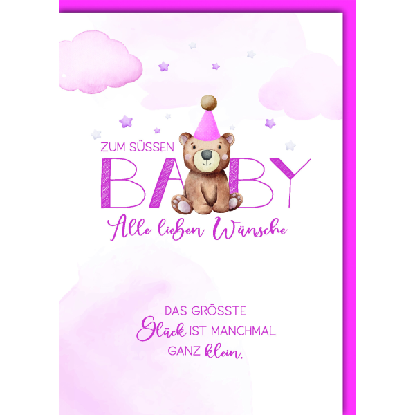Geburt Baby Mädchen Glückwunschkarte mit Umschlag Teddy Bommelmütze grösste Glück manchmal ganz klein