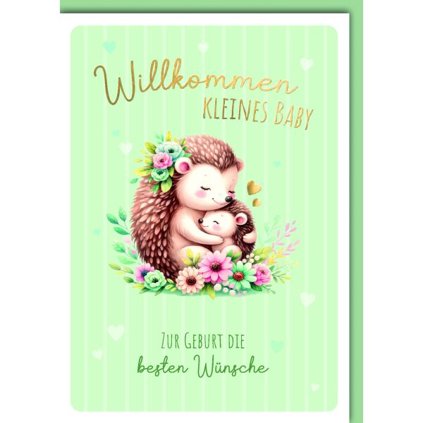 Geburt Baby Glückwunschkarte mit Umschlag Igelmama mit Baby Willkommen kleines Baby beste Wünsche