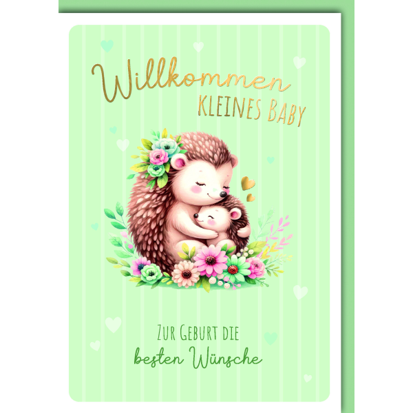 Geburt Baby Glückwunschkarte mit Umschlag Igelmama mit Baby Willkommen kleines Baby beste Wünsche