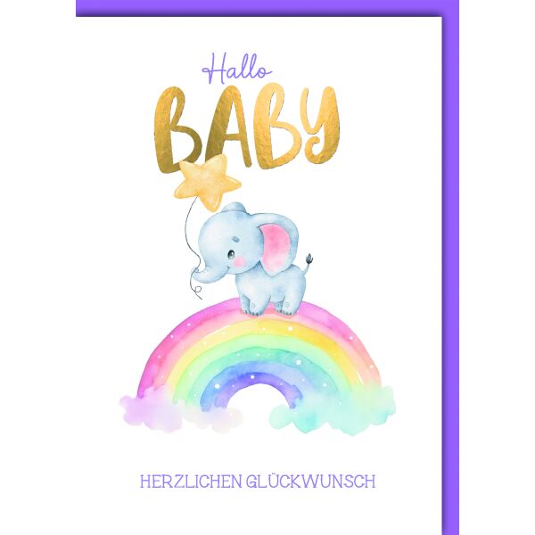 Geburt Baby Glückwunschkarte mit Umschlag Babyelefant auf Regenbogen Hallo Baby