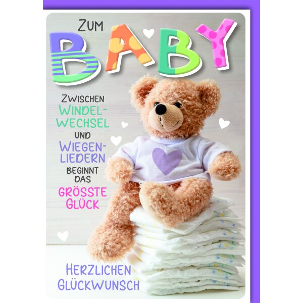 Geburt Baby Glückwunschkarte mit Umschlag Teddy auf Windelstapel Windelwechsel Wiegenlieder grösste Glück