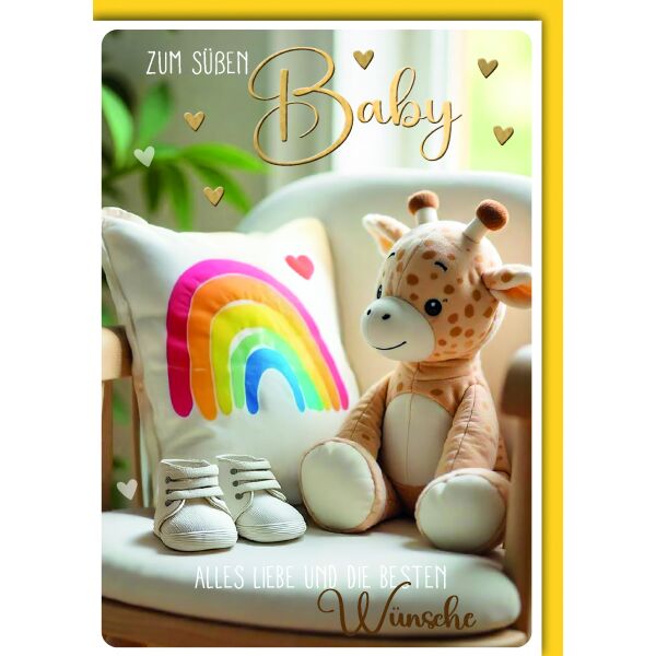 Geburt Baby Glückwunschkarte mit Umschlag Stoffbabygiraffe auf Stuhl alles Liebe und die besten Wünsche