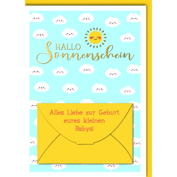 Geburt Baby Geldgeschenkkarte Glückwunschkarte mit Umschlag Geldkarte weiße Wolken und Sonne Hallo Sonnenschein