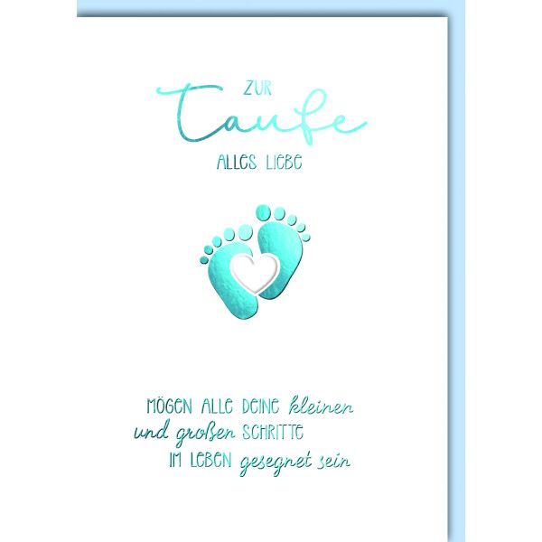 Taufe Junge Glückwunschkarte mit Umschlag Babyfüsschen blau alles Liebe alle Schritte gesegnet