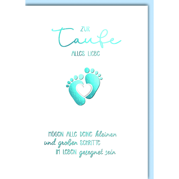 Taufe Junge Glückwunschkarte mit Umschlag Babyfüsschen blau alles Liebe alle Schritte gesegnet