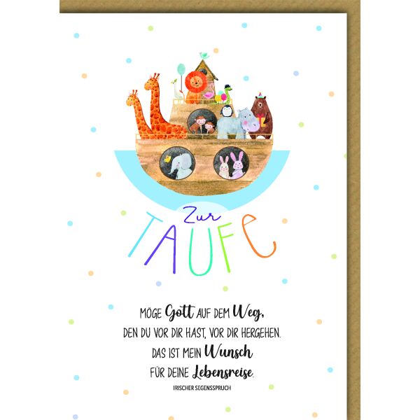 Taufe Glückwunschkarte mit Umschlag Arche Noah mit irischem Segensspruch Gott Weg Wunsch Lebensreise
