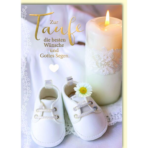 Taufe Glückwunschkarte mit Umschlag Taufkerze und Babyschuhe die besten Wünsche und Gottes Segen
